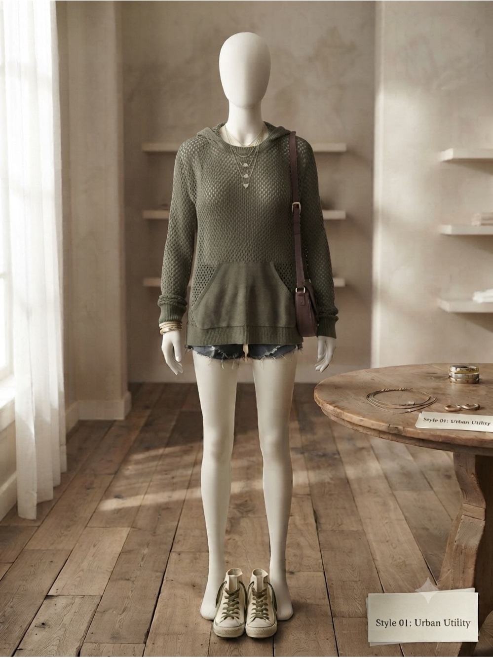 BDG Urban outfitters open knit crochet hoodie sweater size small Olive green